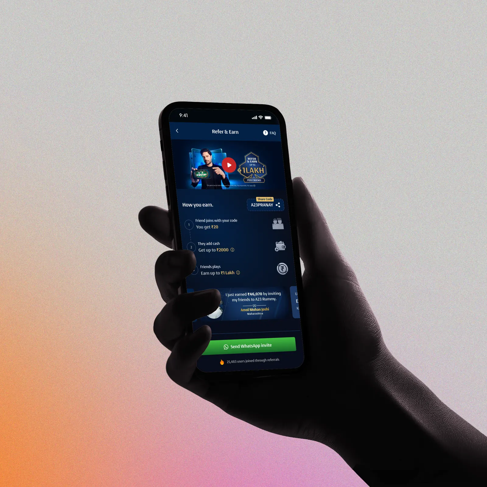 Redesigned A23 Rummy Refer & Earn screen on a handheld phone