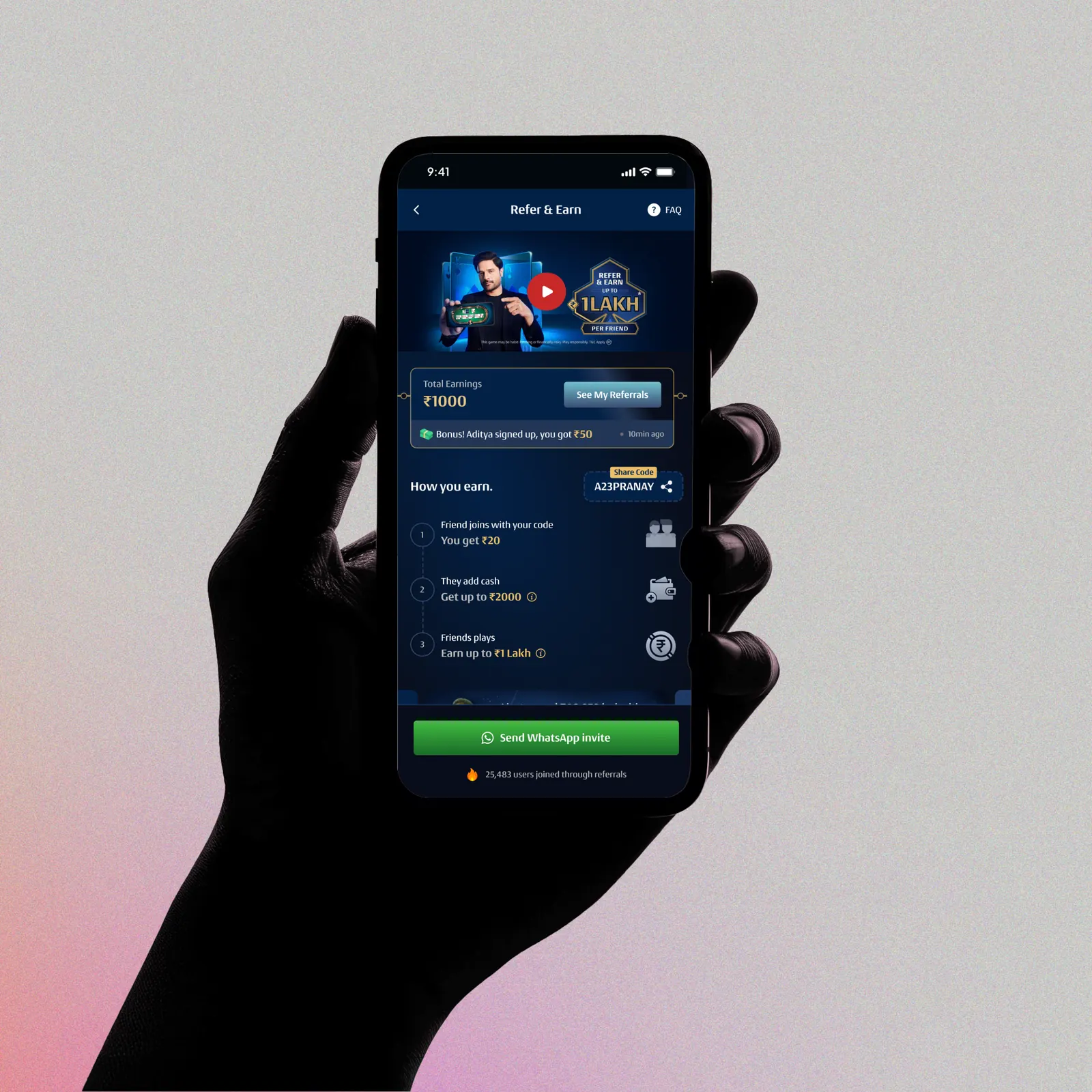 Refer & Earn screen showing total earnings after a friend signs up