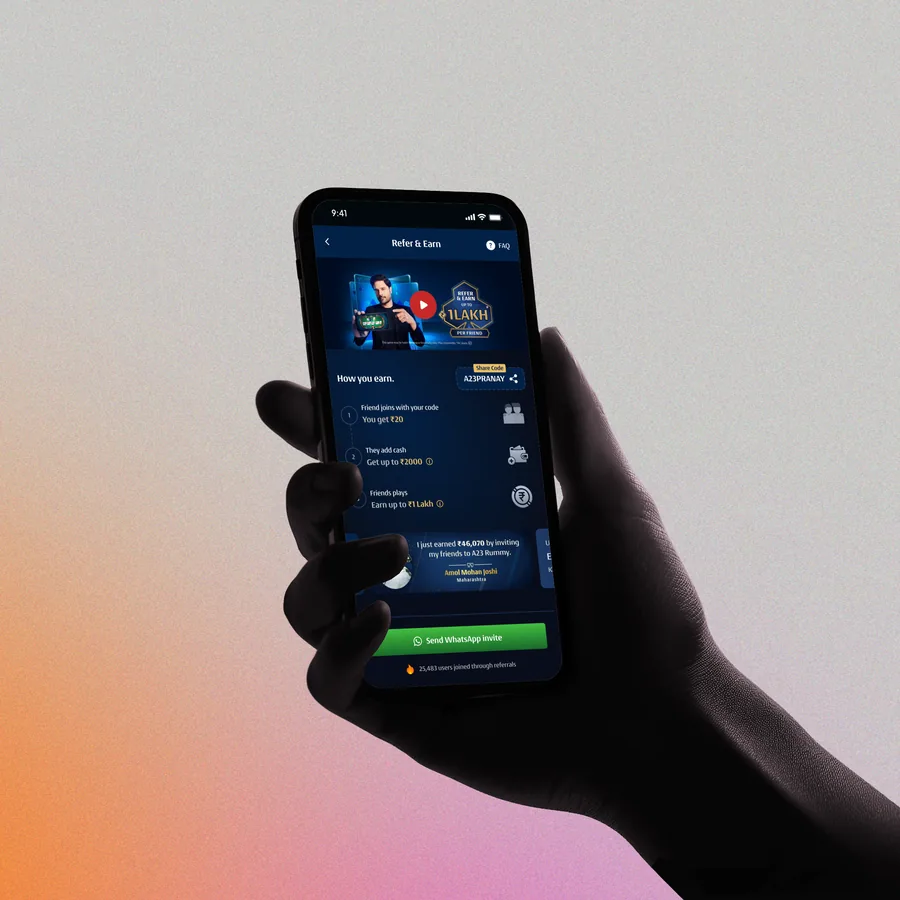 Redesigned A23 Rummy Refer & Earn screen on a phone