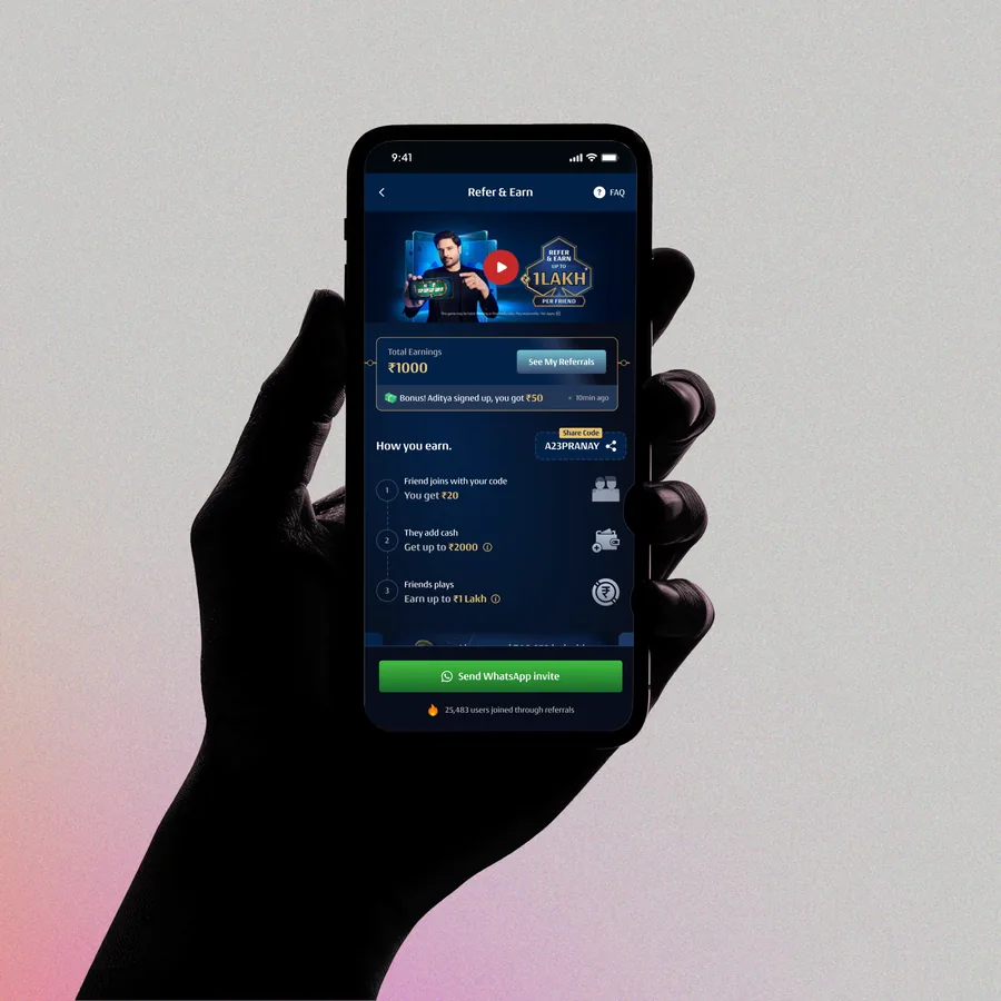 Refer & Earn screen showing total earnings after a referral