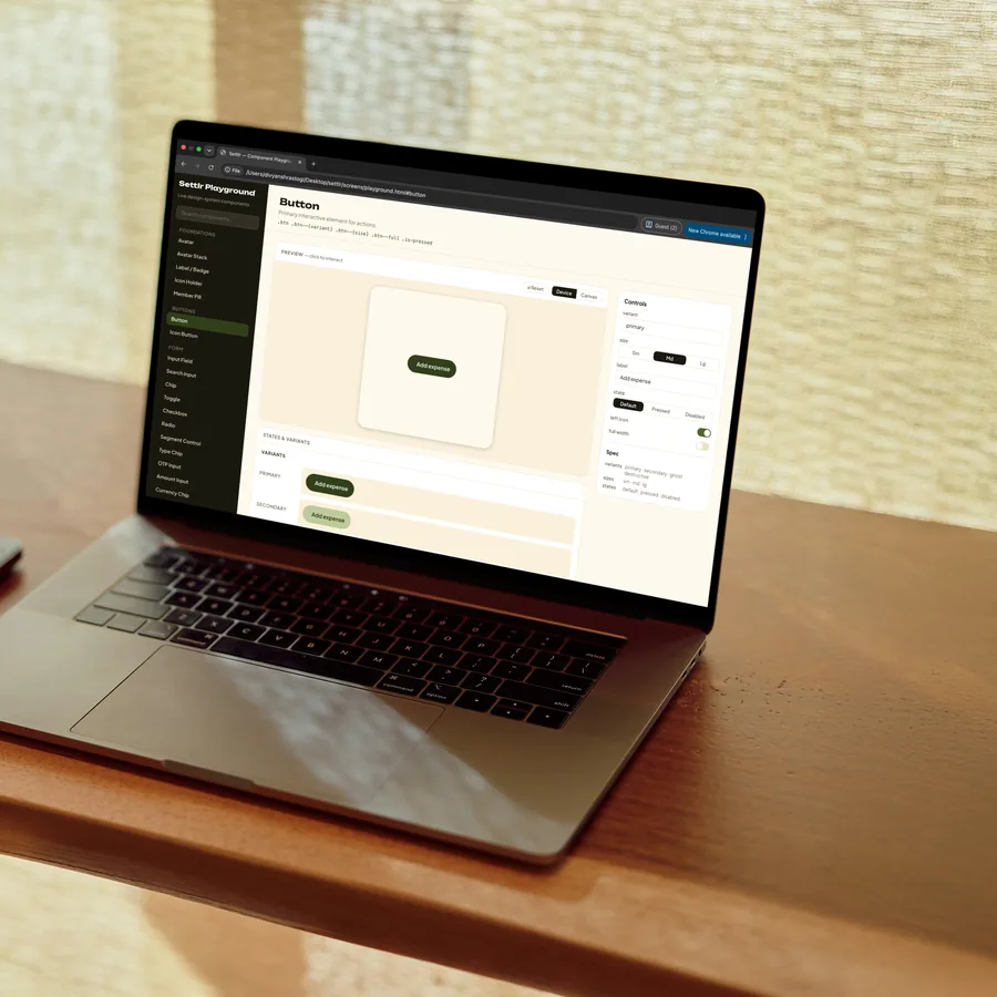 Settlr component playground open on a laptop